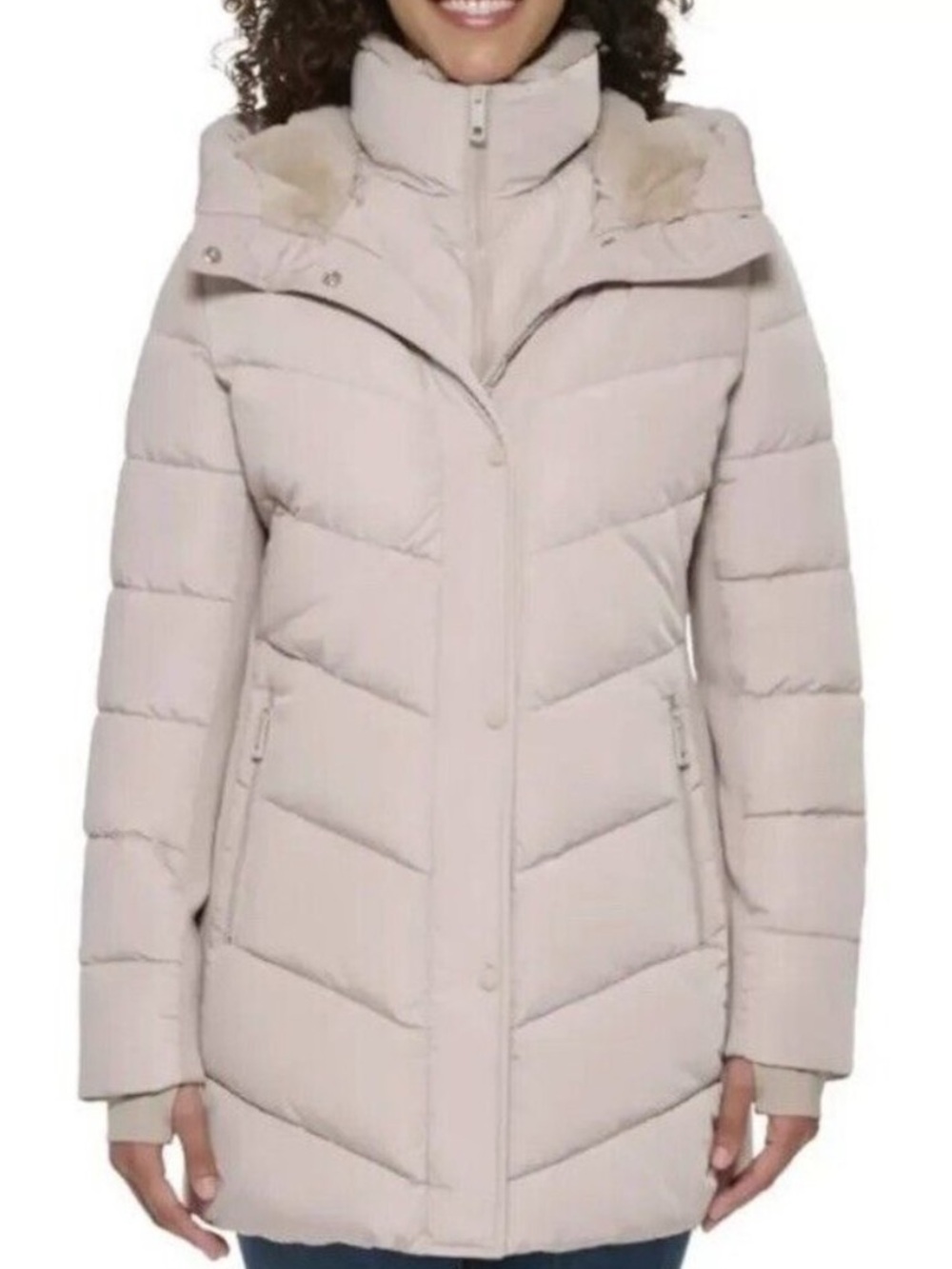 Andrew Mark Light Beige Quilted Puffer Coat with Faux Fur Trim Removable Hood XS